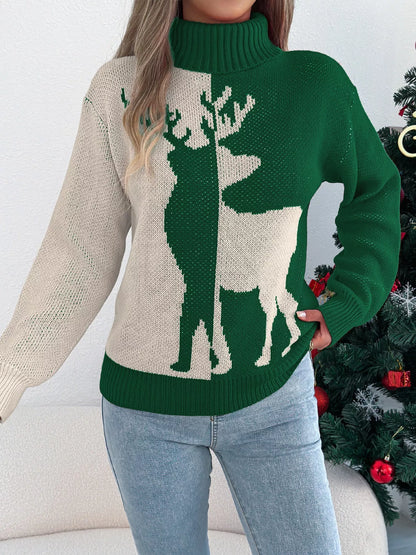 Christmas Reindeer Ribbed Turtleneck Knit Sweater Green