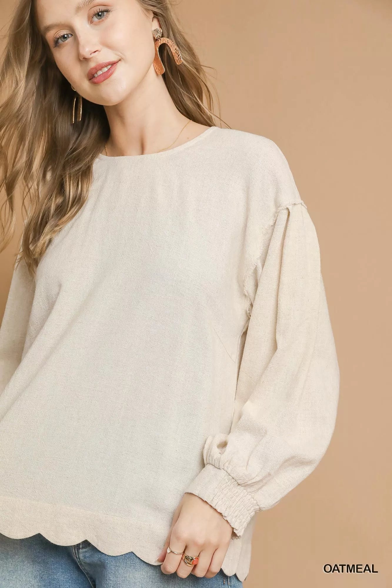 Scallop Hem Cotton-Linen Long Sleeve Blouse - Blouses