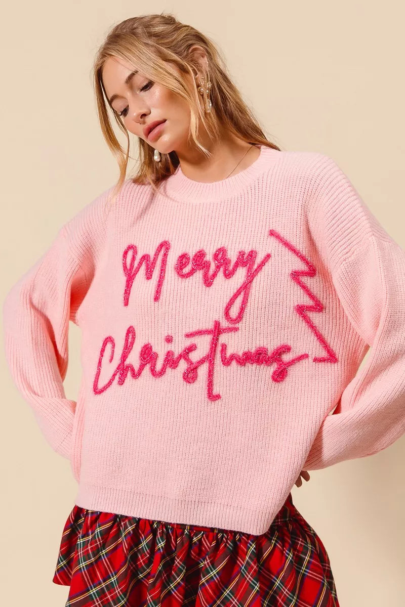 BLUSH PINK Round Neck Merry Christmas Long Sleeve Sweater | Trendy Sweaters Outfit Idea for Women by Ro + Ivy | Elevated Basics, Modern Comfort & Style