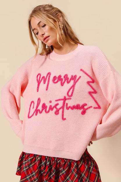 BLUSH PINK Round Neck Merry Christmas Long Sleeve Sweater | Trendy Sweaters Outfit Idea for Women by Ro + Ivy | Elevated Basics, Modern Comfort & Style