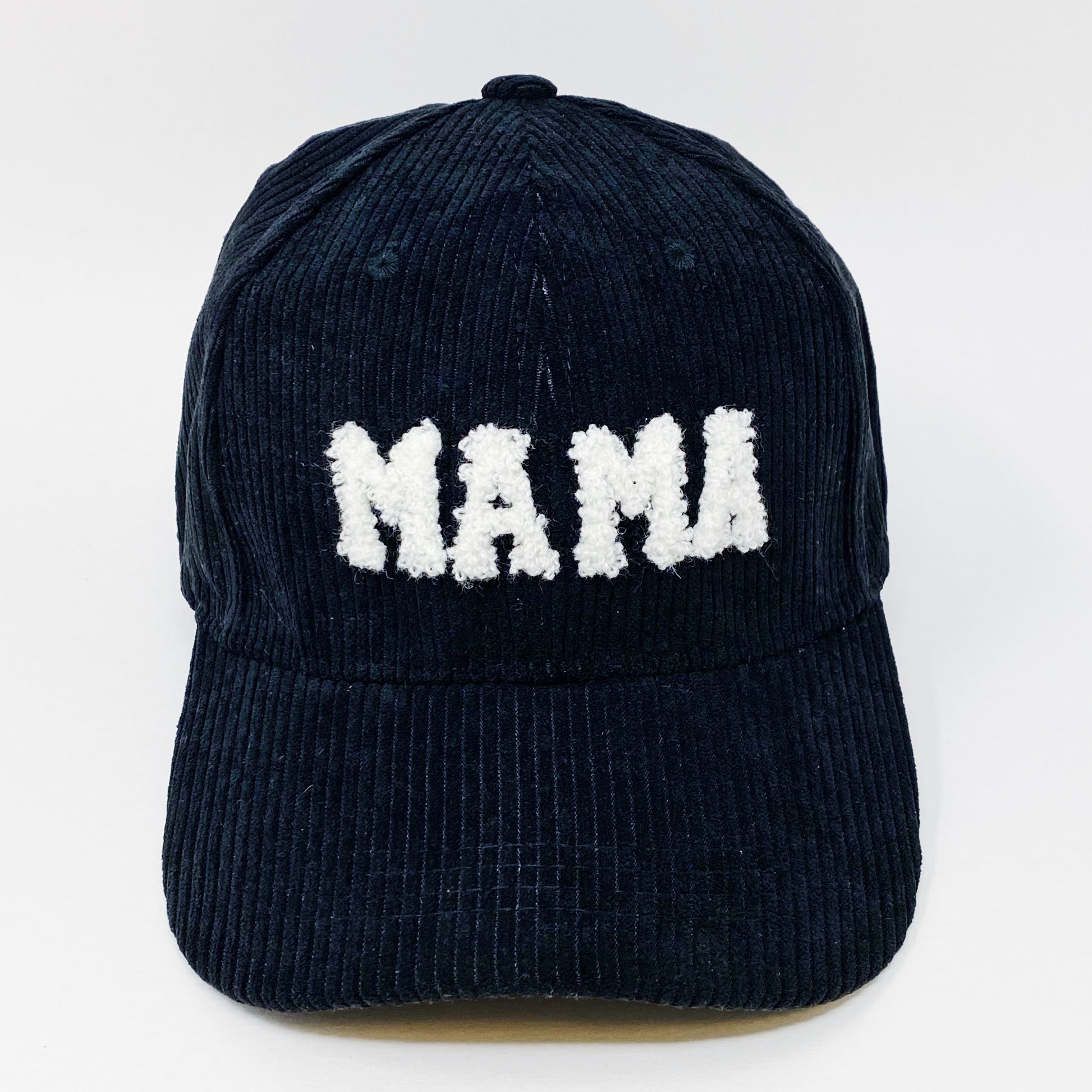 Corduroy MAMA Baseball Cap — Fuzzy Patch Letter Curved Brim Adjustable Fit - Black Baseball Caps