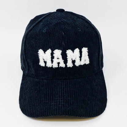 Corduroy MAMA Baseball Cap — Fuzzy Patch Letter Curved Brim Adjustable Fit - Black Baseball Caps