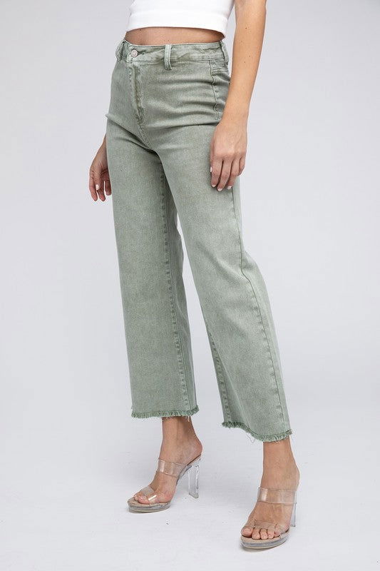 Acid Wash Frayed Hem Women's Wide Pants - Ro + Ivy