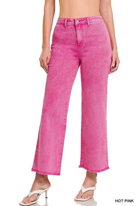 Acid Wash Frayed Hem Women's Wide Pants - Ro + Ivy