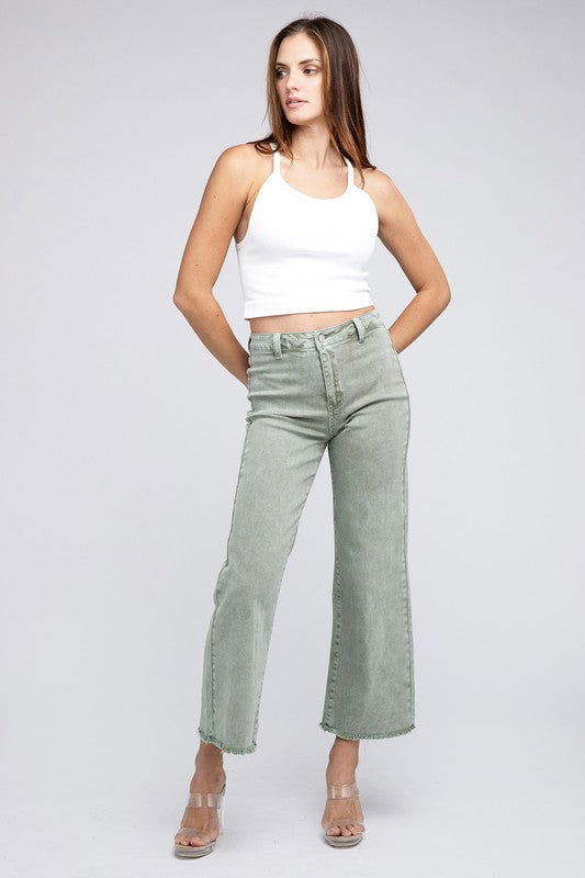 Acid Wash Frayed Hem Women's Wide Pants - Ro + Ivy