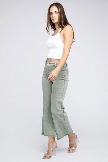 Acid Wash Frayed Hem Women's Wide Pants - Ro + Ivy