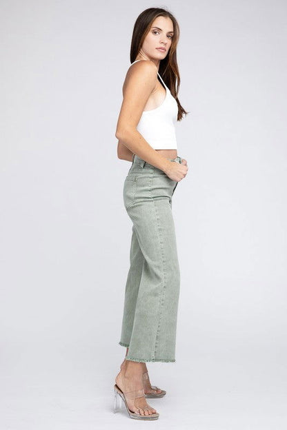 Acid Wash Frayed Hem Women's Wide Pants - Ro + Ivy