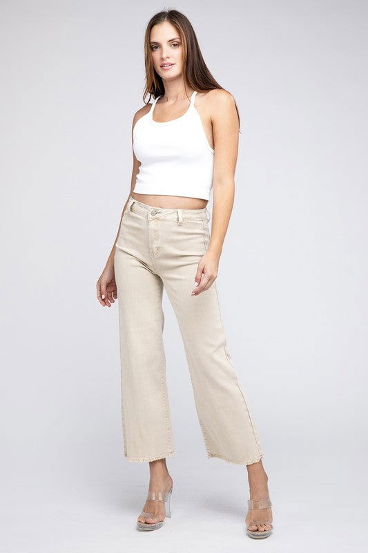 Acid Wash Frayed Hem Women's Wide Pants - Ro + Ivy