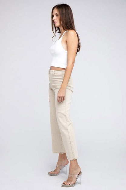 Acid Wash Frayed Hem Women's Wide Pants - Ro + Ivy