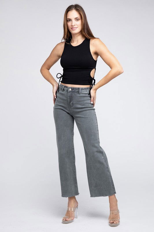 Acid Wash Frayed Hem Women's Wide Pants - Ro + Ivy