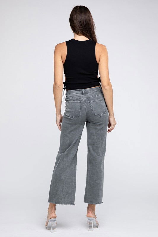 Acid Wash Frayed Hem Women's Wide Pants - Ro + Ivy