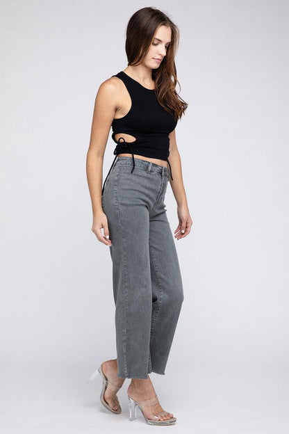 Acid Wash Frayed Hem Women's Wide Pants - Ro + Ivy