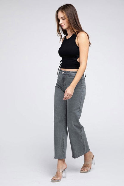 Acid Wash Frayed Hem Women's Wide Pants - Ro + Ivy