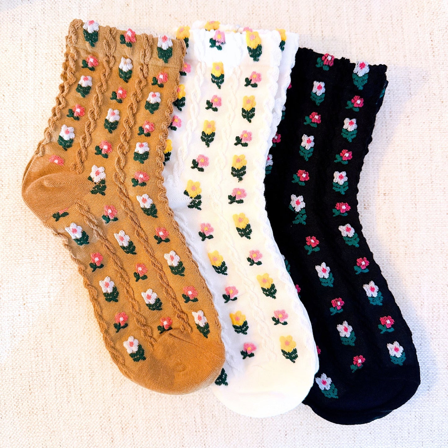 Mini Flower Embossed Crew Socks 3-Pack — Soft Textured Knit - Socks