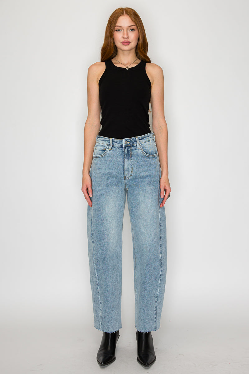 High-Waisted Barrel Leg Jeans — Light Wash Cotton Blend Raw Hem - Jeans