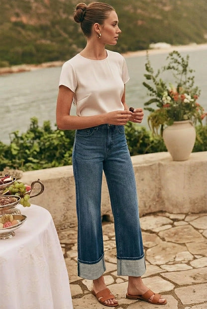 Tummy Control High-Rise A-Line Wide Leg Jeans — Dark Stone Wash Denim - Jeans