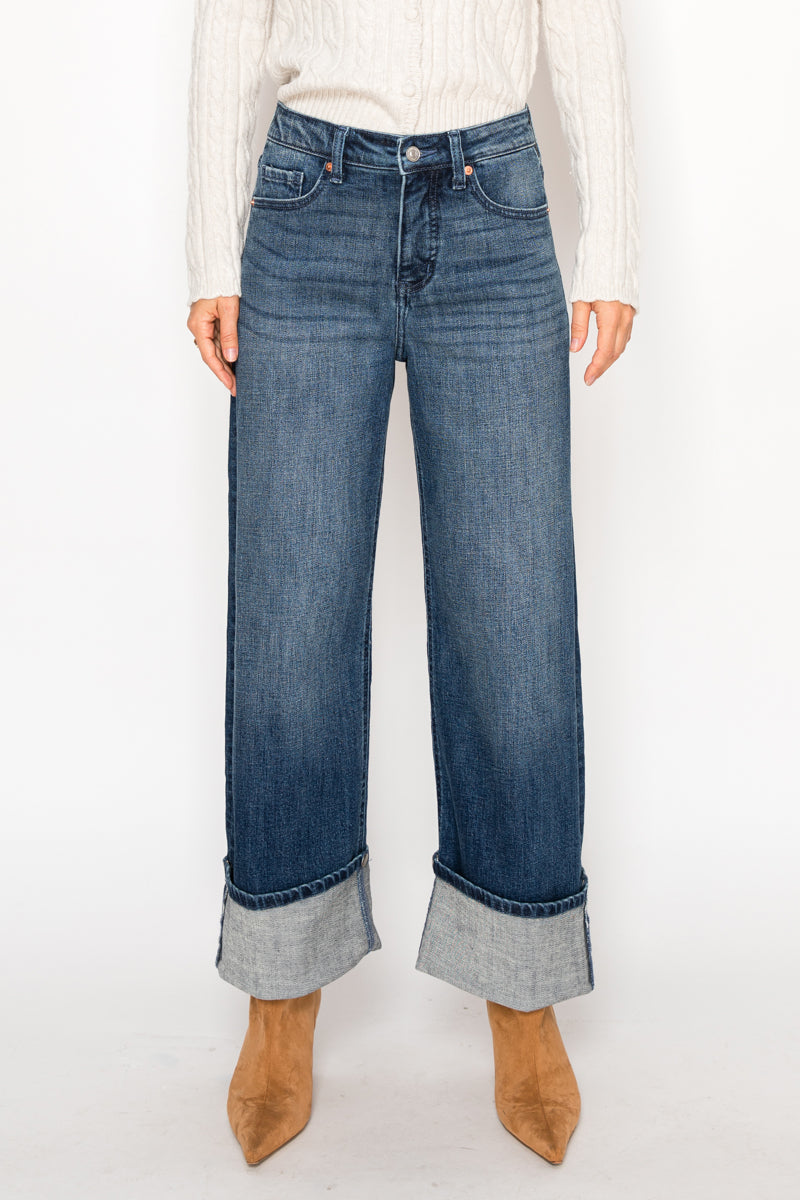 Tummy Control High-Rise A-Line Wide Leg Jeans — Dark Stone Wash Denim - Jeans