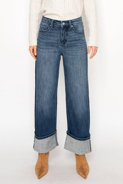 Tummy Control High-Rise A-Line Wide Leg Jeans — Dark Stone Wash Denim - Jeans