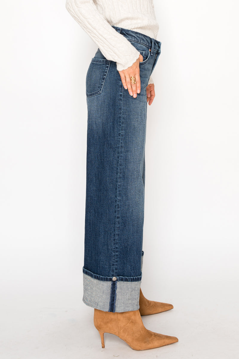 Tummy Control High-Rise A-Line Wide Leg Jeans — Dark Stone Wash Denim - Jeans
