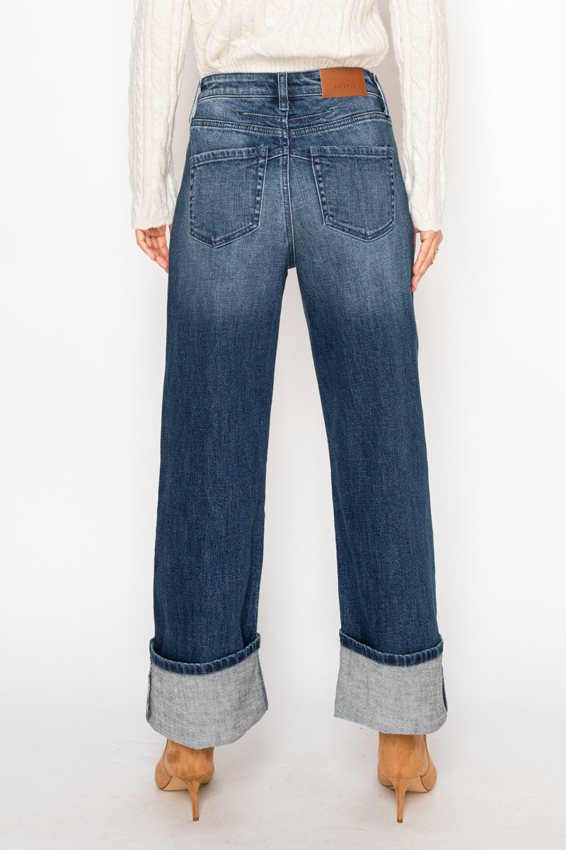 Tummy Control High-Rise A-Line Wide Leg Jeans — Dark Stone Wash Denim - Jeans