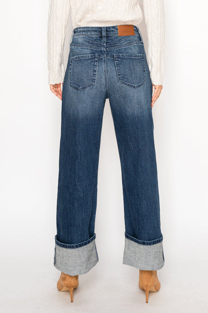 Tummy Control High-Rise A-Line Wide Leg Jeans — Dark Stone Wash Denim - Jeans