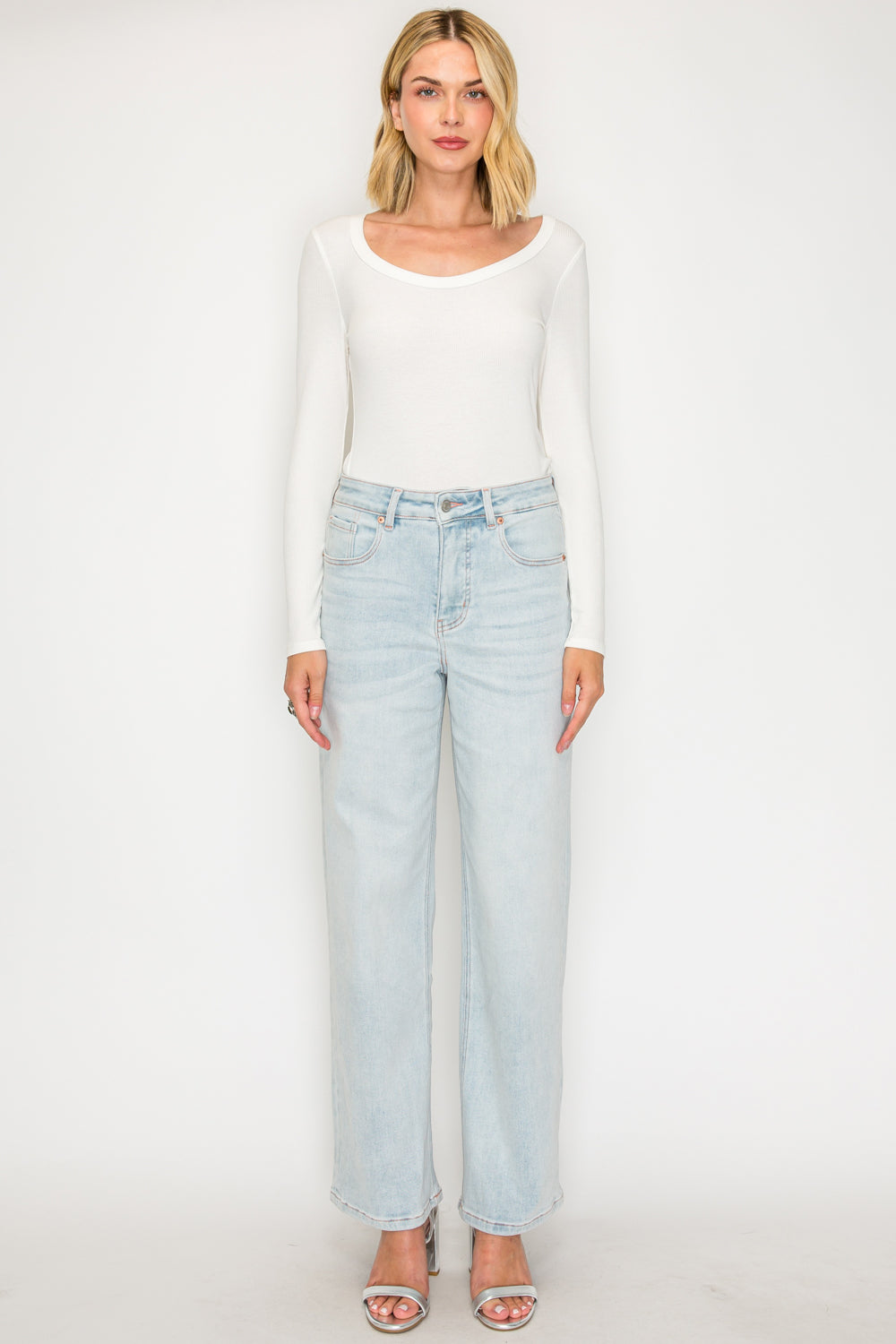 Tummy Control High Rise Modal Fabric Pink Thread Straight Jeans — Relaxed Elongating Style - DENIM (NEW)