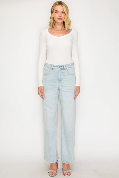 Tummy Control High Rise Modal Fabric Pink Thread Straight Jeans — Relaxed Elongating Style - DENIM (NEW)
