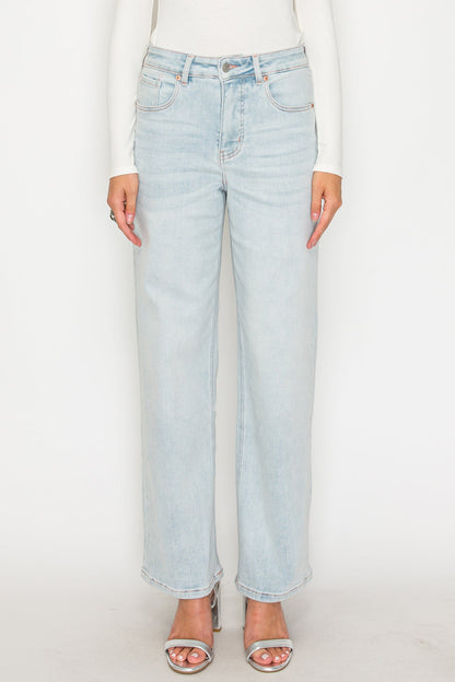 Tummy Control High Rise Modal Fabric Pink Thread Straight Jeans — Relaxed Elongating Style - DENIM (NEW)