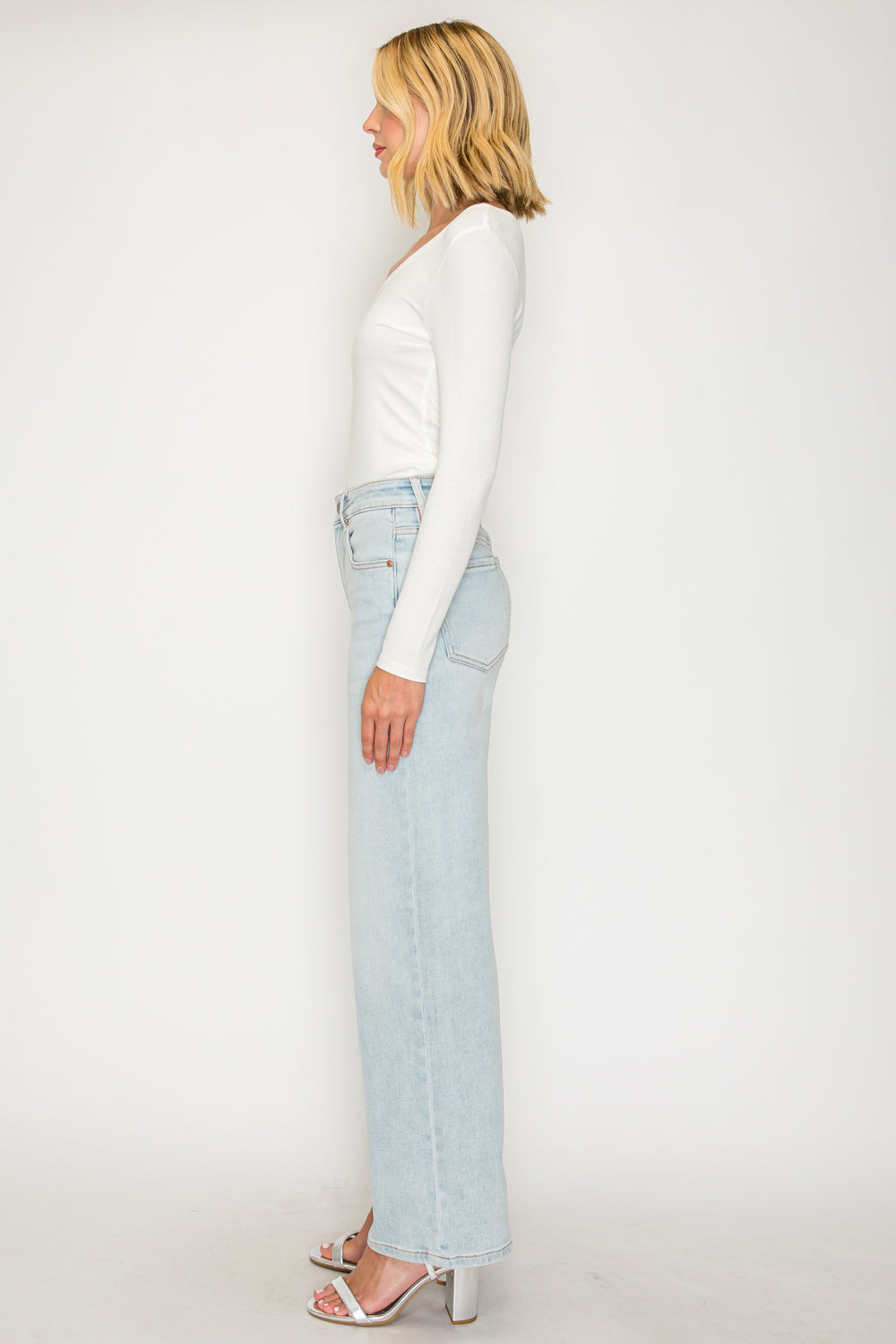 Tummy Control High Rise Modal Fabric Pink Thread Straight Jeans — Relaxed Elongating Style - DENIM (NEW)
