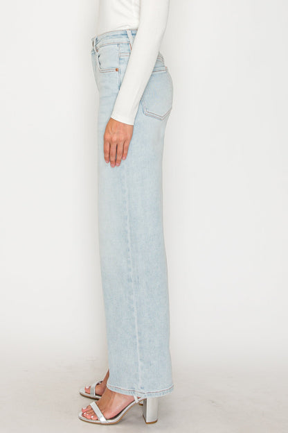 Tummy Control High Rise Modal Fabric Pink Thread Straight Jeans — Relaxed Elongating Style - DENIM (NEW)
