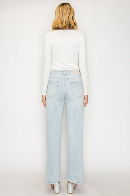 Tummy Control High Rise Modal Fabric Pink Thread Straight Jeans — Relaxed Elongating Style - DENIM (NEW)