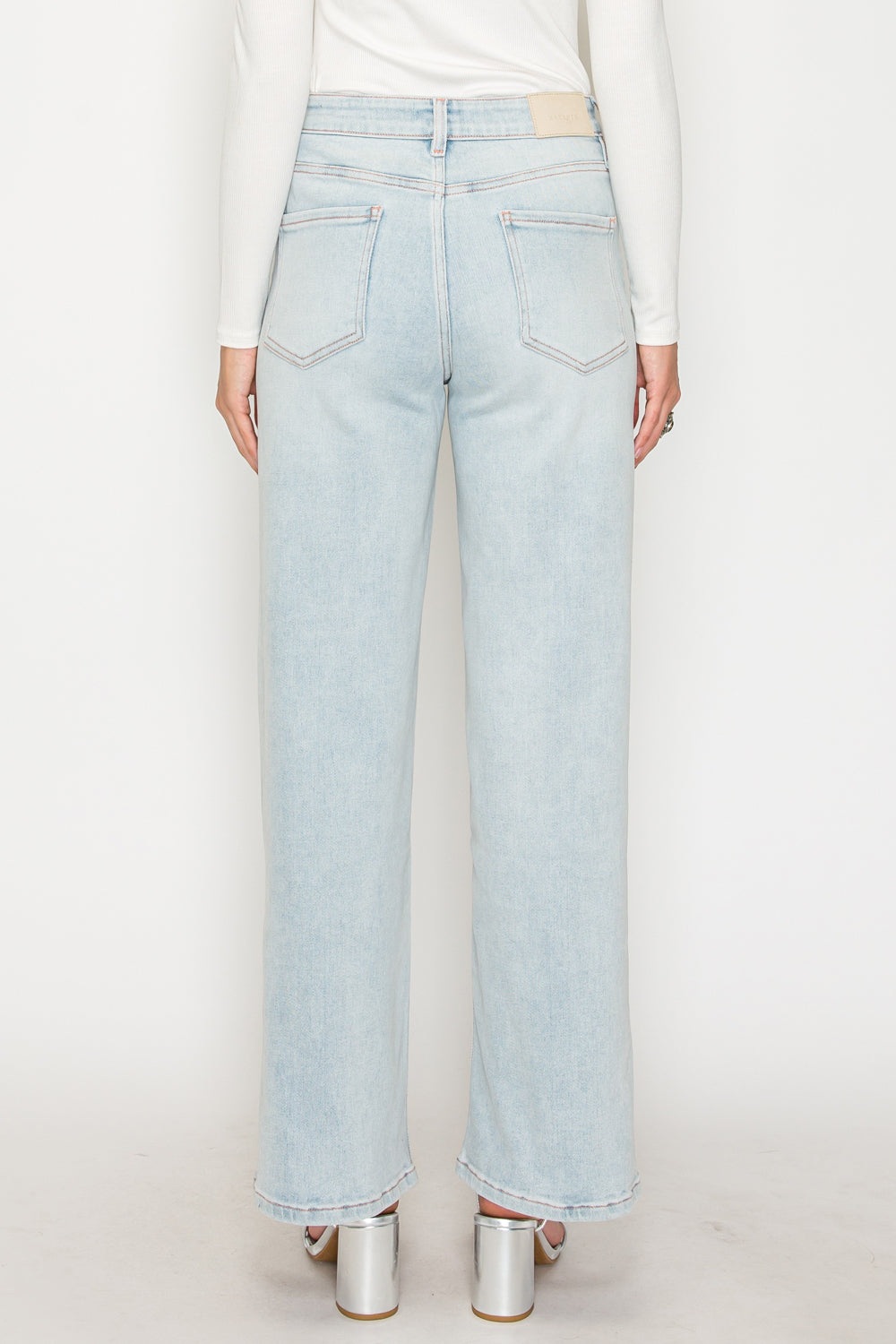 Tummy Control High Rise Modal Fabric Pink Thread Straight Jeans — Relaxed Elongating Style - DENIM (NEW)