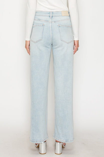 Tummy Control High Rise Modal Fabric Pink Thread Straight Jeans — Relaxed Elongating Style - DENIM (NEW)