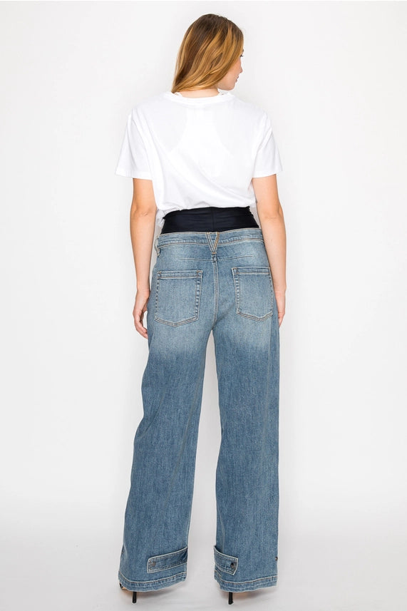 Adjustable Hem Knit Band Wide Leg Jeans - DENIM (NEW)