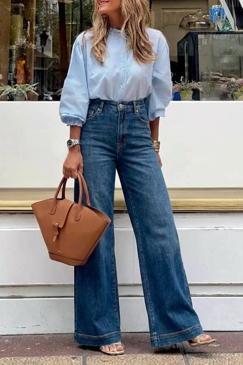 High-Rise Relaxed Palazzo Wide Leg Jeans — Medium Stone Wash Elastic Waist - Jeans
