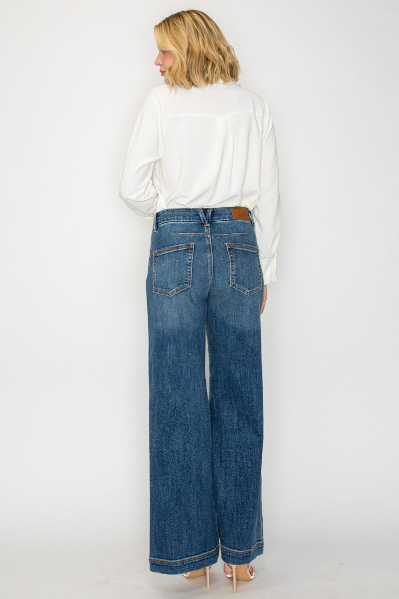High-Rise Relaxed Palazzo Wide Leg Jeans — Medium Stone Wash Elastic Waist - Jeans