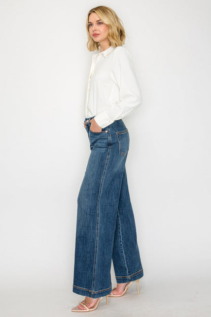 High-Rise Relaxed Palazzo Wide Leg Jeans — Medium Stone Wash Elastic Waist - Jeans