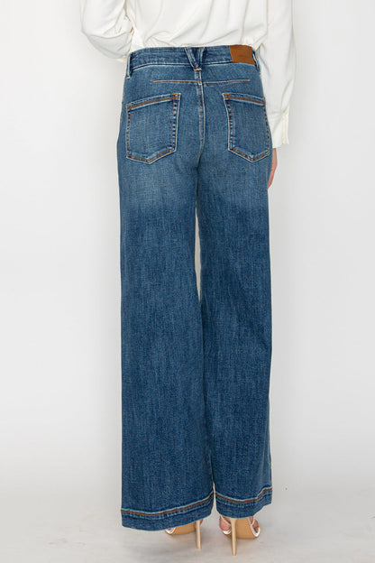 High-Rise Relaxed Palazzo Wide Leg Jeans — Medium Stone Wash Elastic Waist - Jeans