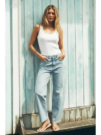 High-Waisted Barrel Leg Jeans — Light Wash Cotton Blend Raw Hem - Jeans