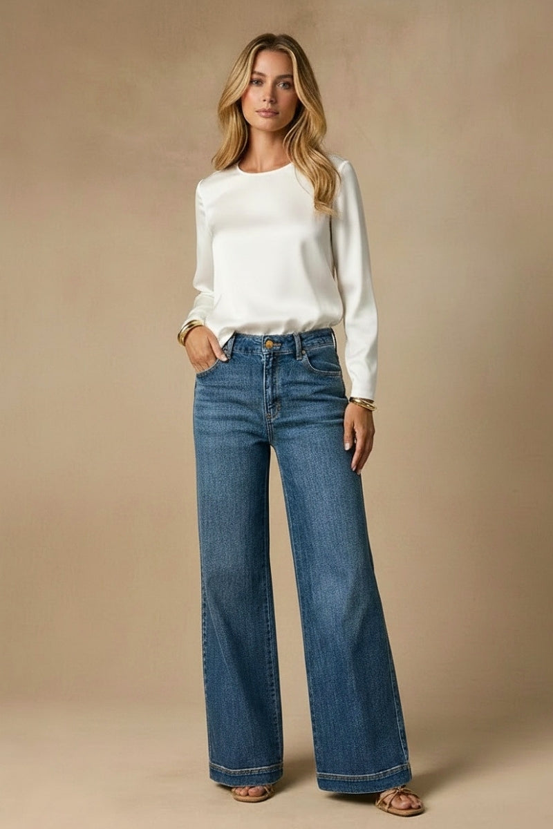 High-Rise Relaxed Palazzo Wide Leg Jeans Medium Stone Wash Elastic Waist
