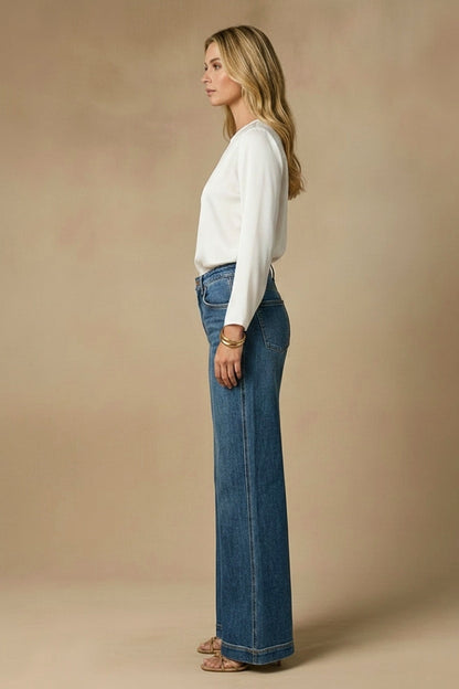 High-Rise Relaxed Palazzo Wide Leg Jeans Medium Stone Wash Elastic Waist