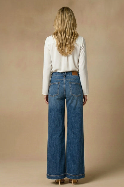 High-Rise Relaxed Palazzo Wide Leg Jeans Medium Stone Wash Elastic Waist