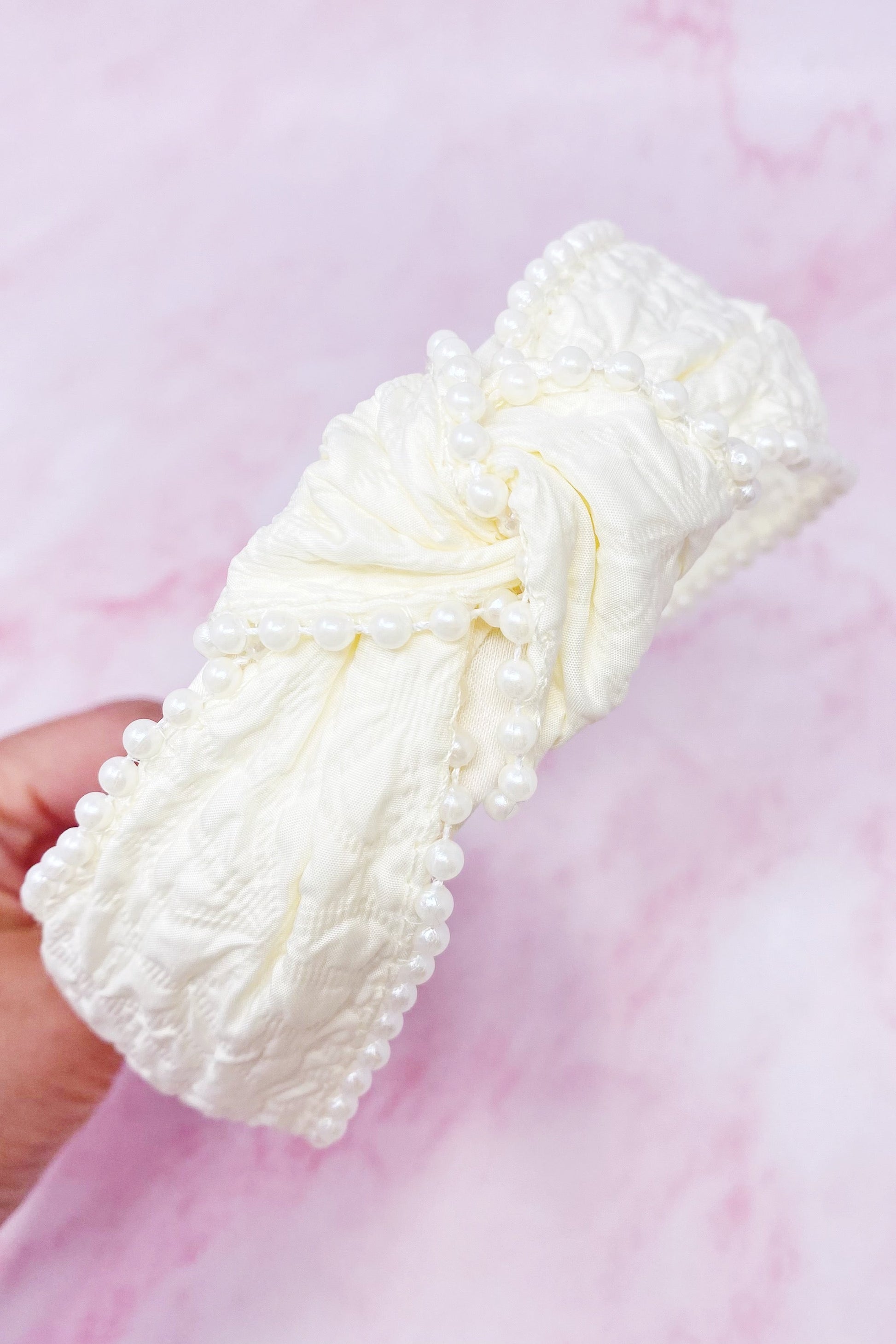 Knotted Pearl Embellished Headband — Embossed Fabric Structured Fit - Headbands