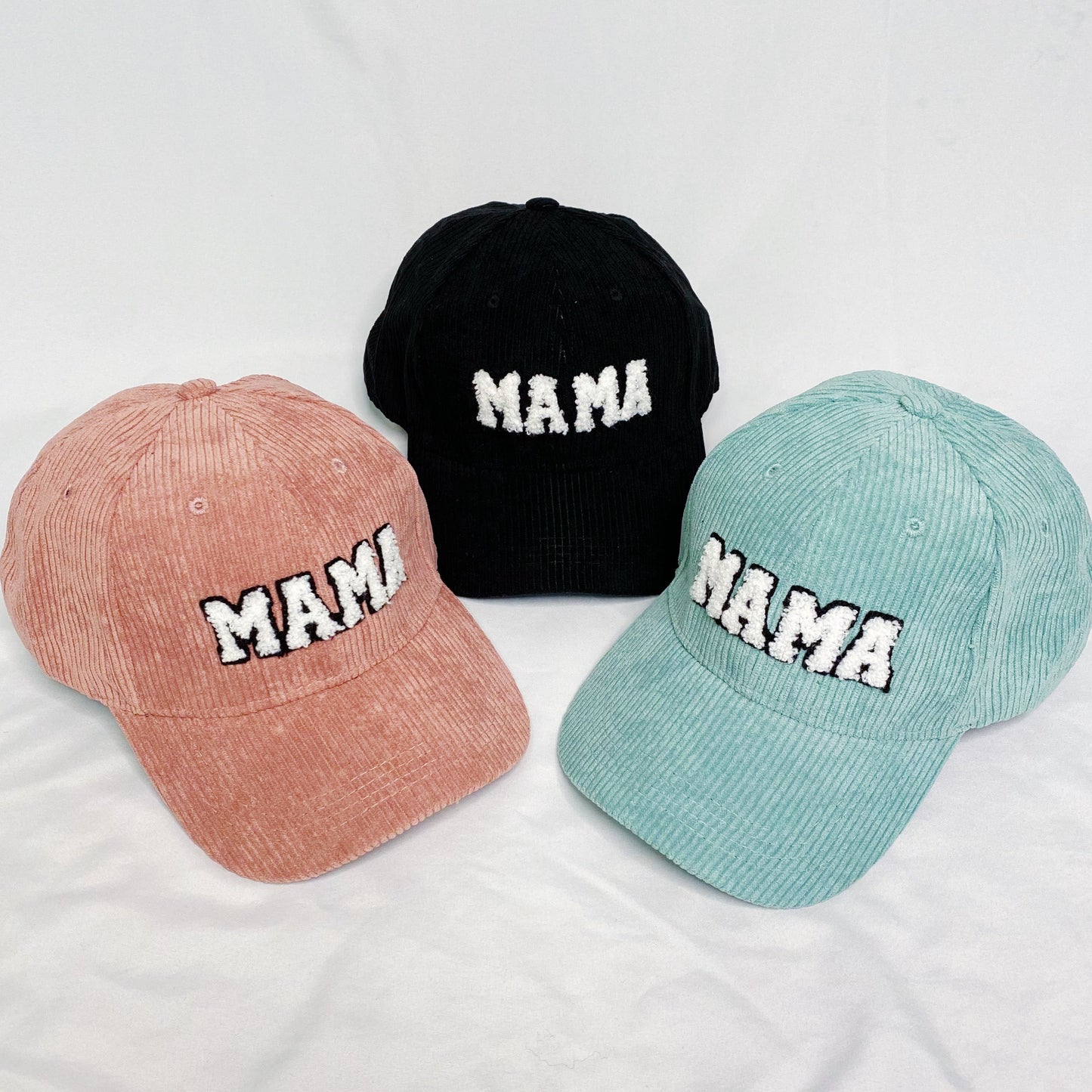 Corduroy MAMA Baseball Cap — Fuzzy Patch Letter Curved Brim Adjustable Fit - Baseball Caps