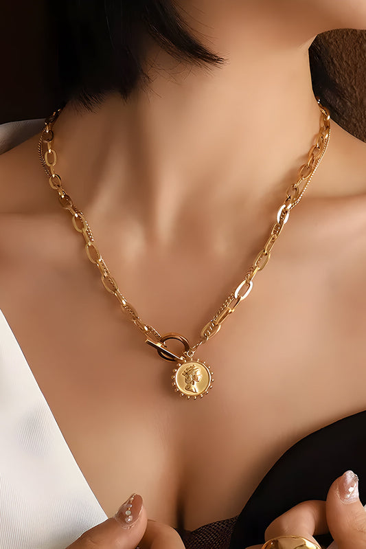 Vintage Coin Pendant Dainty Chain Necklace — Retro Plated Classic Charm Everyday Jewelry - Gold ONE SIZE Necklaces