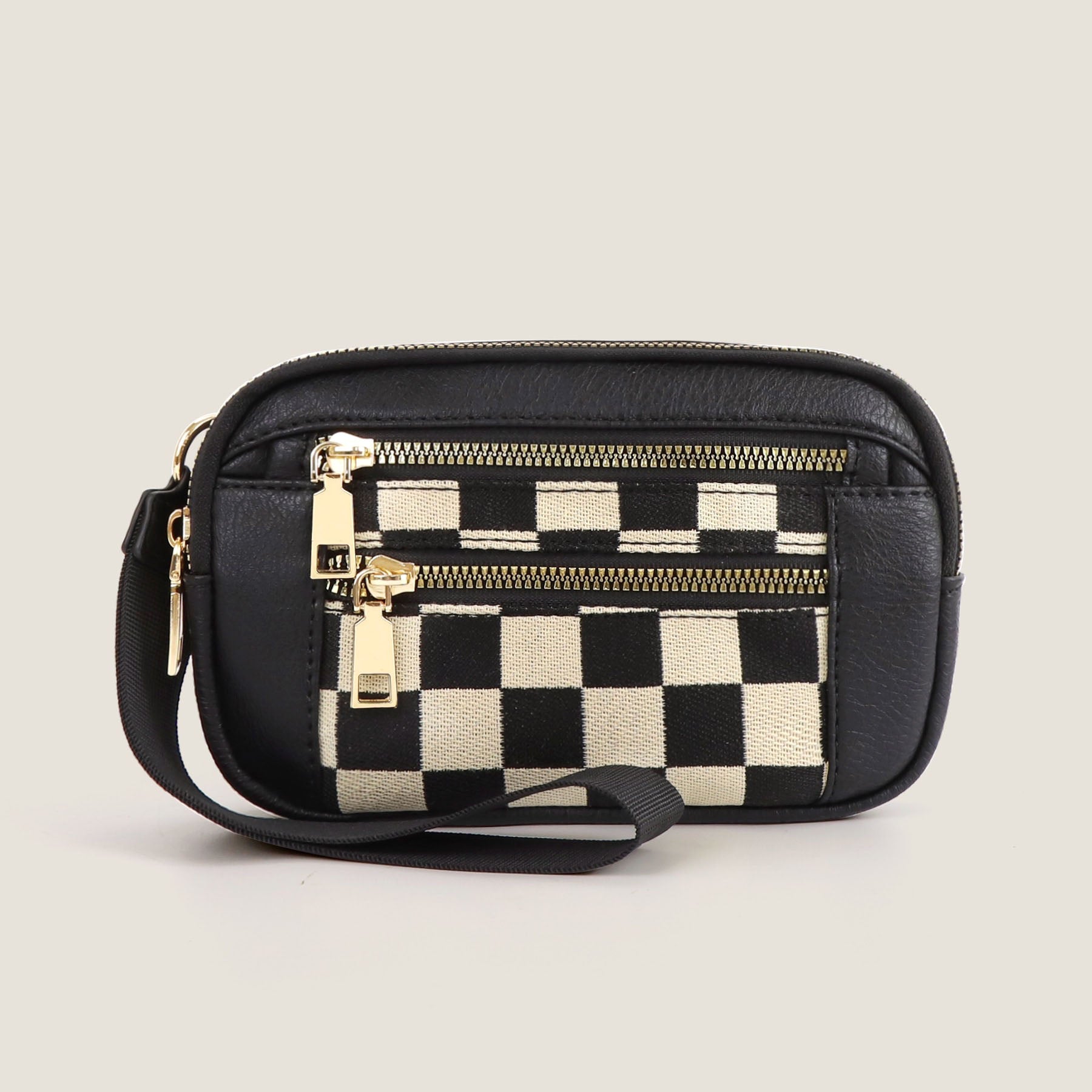 Checkered Vegan Leather Crossbody Wallet Pouch — Clear ID Window & Card Slots - Black Check Wallets