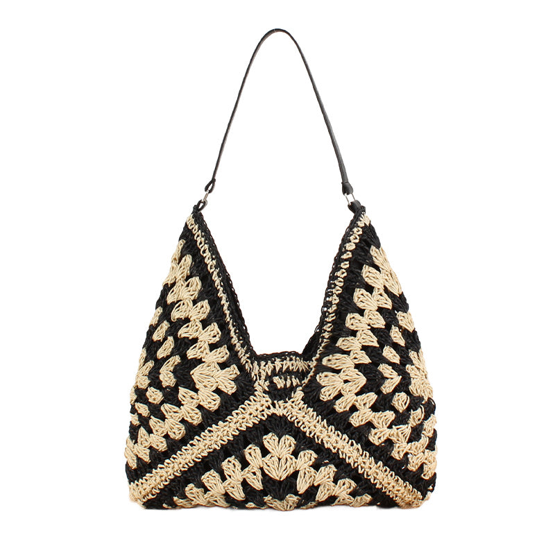 Woven Straw Shoulder Bag — Vegan Leather Strap Magnetic Clasp Closure - Black Multi Shoulder Bags
