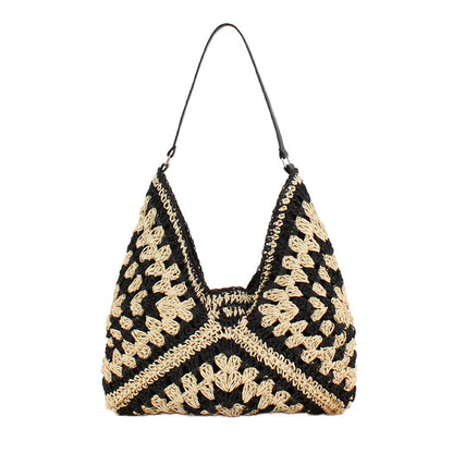 Woven Straw Shoulder Bag — Vegan Leather Strap Magnetic Clasp Closure - Black Multi Shoulder Bags