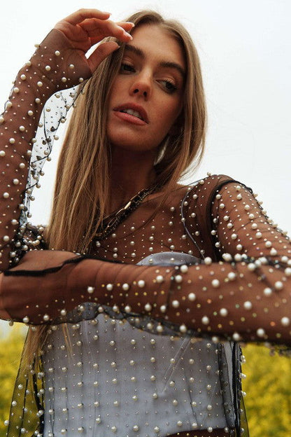 Bead And Pearl Embellished Long Sleeves Mesh Top – outfit idea for women | Ro + Ivy