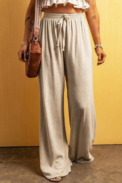 Beige Viscose Linen Floor Length Wide Leg Pants - Ro + Ivy
